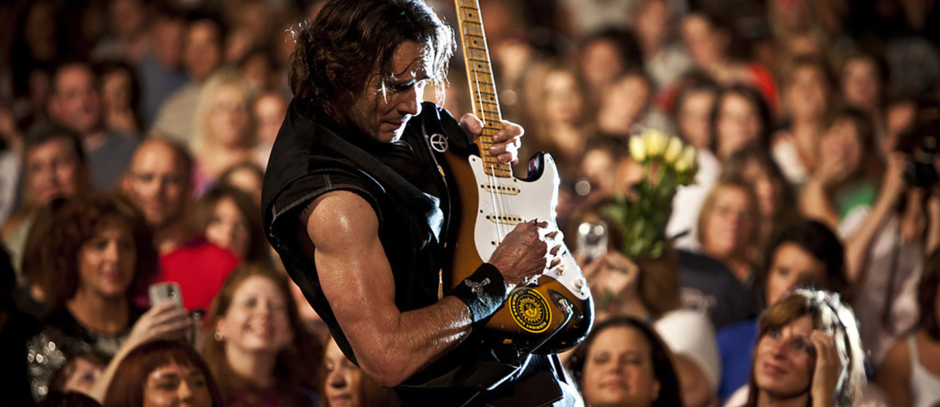 Rick Springfield on stage with crowd in background
